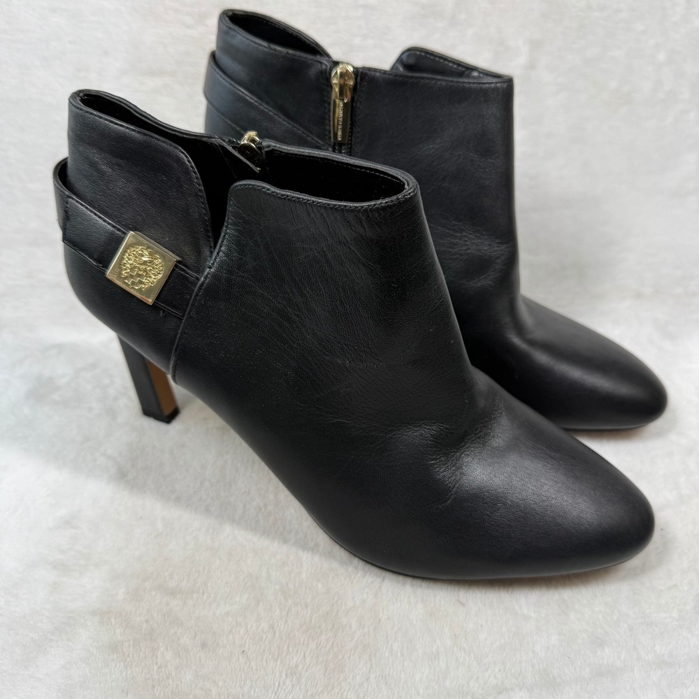 Vince Camuto Black Leather Ankle Booties Gold Hardware Stiletto Heel Boots 11